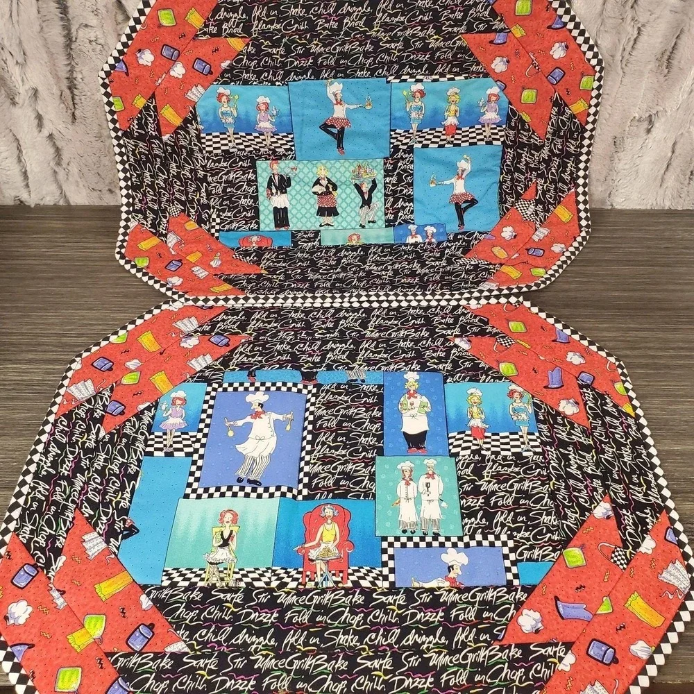 Set‎ Of 2 Bistro Chef Fabric Placements Long Arm Quilted Diner Checkered Kitschy